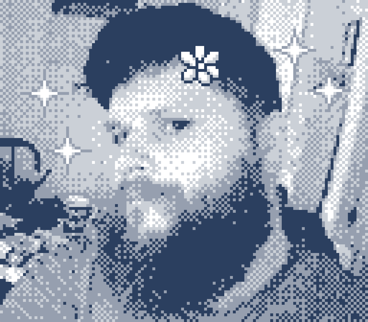 A low-resolution picture of me, a white 30-year-old man with a beard and short hair. It was taken using a Game Boy Camera, so it has a pixelated look and uses only four shades of grey. Stamps of sparkles and flowers have been added using the Game Boy Camera.